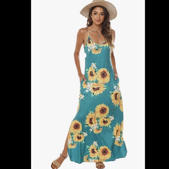Teal sunflower print maxi dress - Picture 2 of 7